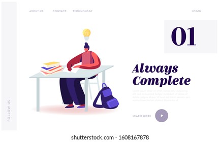 Woman Apply Natural Supplements for Health and Mind Website Landing Page. Girl Student Sitting at Desk and Studying with Glowing Light Bulb over Head Web Page Banner. Cartoon Flat Vector Illustration