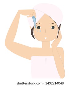 Woman apply serum on her face. Beauty concept. Vector illustration on white background.