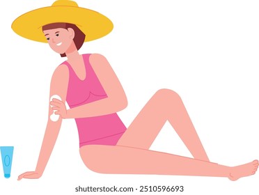 Woman apply sunscreen cream. Skin uv protection isolated on white background