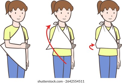 Mulher aplicando tipoia: Instrução de primeiros socorros