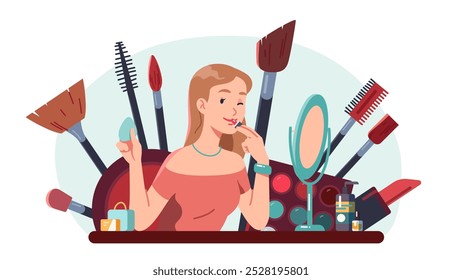 Mulher aplicando cosméticos decorativos de maquiagem de beleza. Linda pessoa menina no espelho da mesa de vestir segurar batom, esponja, pele de rosto, escova de rímel, sombras dos olhos. Ilustração de vetor plano de conceito de maquiagem