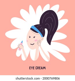 Woman applying care cream to the area around the eyes, icon isolated on the background. Vector illustration in cartoon hand draw style. Korean facial skin care.