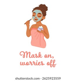 Woman applying clay facial mask with brush for skincare