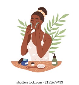 mujer aplicando crema de limpieza e hidratante sobre la piel de la cara. Niña con cuidado de la piel de la cara vegana, producto de belleza cosmético esencial. Ilustración vectorial gráfica plana aislada en fondo blanco