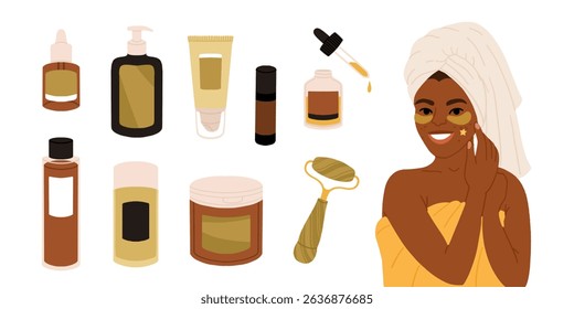 Woman applying cleansing and moisturizing face skincare products at home. Everyday skin care routine with cleanser and moisturizer. Colored flat graphic vector illustration isolated on white