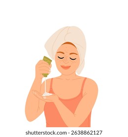 Woman applying cleansing and moisturizing face skincare products at home. Everyday skin care routine with cleanser and moisturizer. Colored flat graphic vector illustration isolated on white