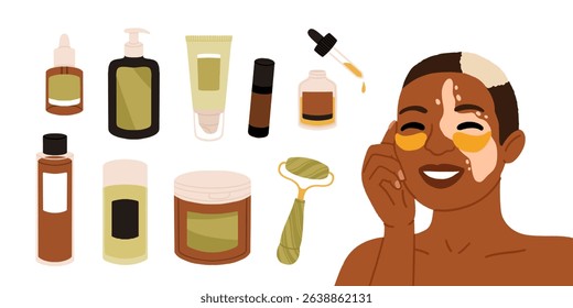 Woman applying cleansing and moisturizing face skincare products at home. Everyday skin care routine with cleanser and moisturizer. Colored flat graphic vector illustration isolated on white