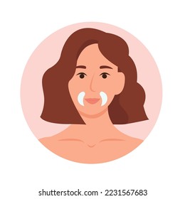 Woman applying collagen cosmetic patch on skin against facial wrinkles. Home daily facial skin care. Vector illustration