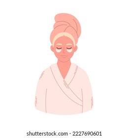 Woman applying collagen patch on skin under eye. Skin care, treatment for wrinkles, eyes bags. Hand drawn vector illustration