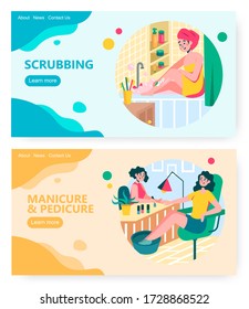 Woman applying cosmetic body scrub at home bathroom. Girl come to beauty salon to make manicure. Concept illustration. Vector web site design template. Landing page website illustration