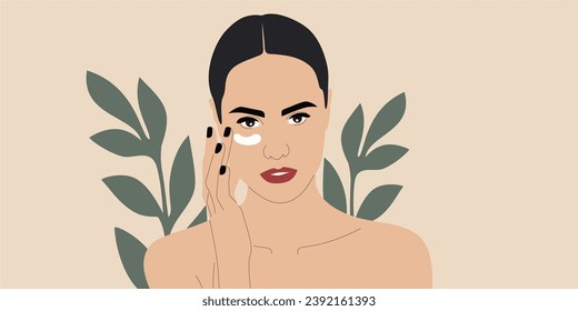 Woman applying cosmetic face cream, serum or lotion on face. Skin care vector illustration concept.