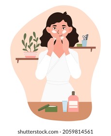 Woman applying cosmetic. Personal care, skin health care. Graphic elements for websites selling cosmetics, dermatology banner, mask. Cartoon flat vector illustration isolated on white background