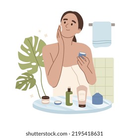 Woman applying cream to her face skin. Moisturizing, anti-age care. Bathroom. Skin care, gel, serum for hydration. Flat vector illustration.