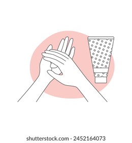 Woman applying cream or moisturizer skincare lotion on skin of hands, line icon vector illustration