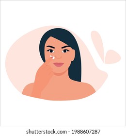 Woman applying cream on face.Skin care routine The concept of beauty and health protection skin.Vector illustration