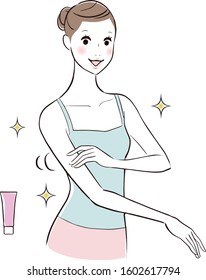 Woman applying cream on her arm smiling. 