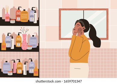 Woman Applying Cream On Her Face. Woman Doing Makeup. Girl Standing In Bathroom Holing Hands On Her Face. Concept Of Beauty, Skincare, Makeup. Flat Vector Illustration