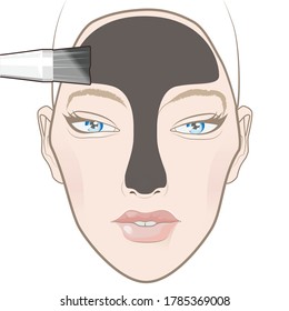 Woman applying cream-mask with coal particles on T-zone, forehead, and nose