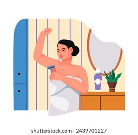 Woman applying deodorant, essential morning freshness ritual.