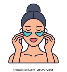 Mulher aplicando máscara ocular para relaxamento. Uma mulher sorridente gentilmente aplica manchas calmantes nos olhos para uma rotina de beleza relaxante.