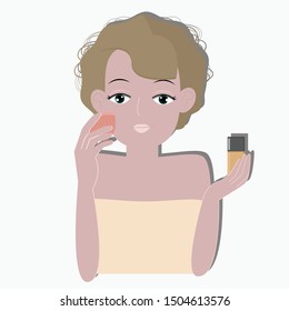 Woman applying face foundation use sponge for cosmetic on white background. Vector illustration use for your project.