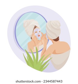 Mujer aplicando máscara facial frente de la ilustración del vector espejo. Dibujo de una chica con máscara facial cosmética, personaje femenino tomando pastel de piel en casa. Atención de la piel, belleza, concepto de salud