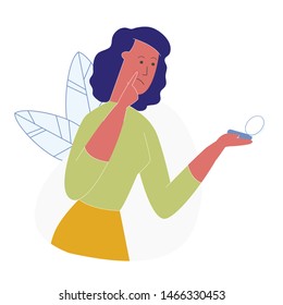 Woman Applying Face Powder Vector Illustration. Female Flat Character Looking in Pocket Mirror. Cartoon Girl Putting on Make Up, Foundation, Blusher. Lady Testing Decorative Cosmetics