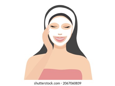 Woman applying face sheet mask vector illustration.  Skin care beauty treatment concept