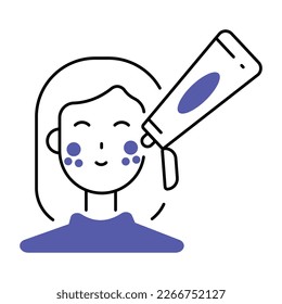 Mujer aplicando bloqueo solar facial, vector de icono lineal 