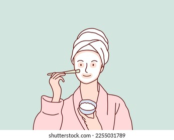 Woman applying facial mask cream on face simple with brush korean style illustration