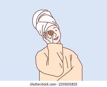 Woman applying facial mask lemon on face simple korean style illustration
