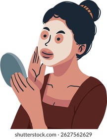 Woman Applying Facial Mask and Looking in Mirror