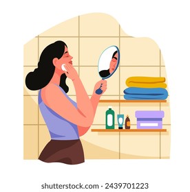 Woman applying facial moisturizer, mirror reflection, skincare ritual.