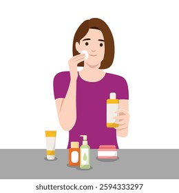 Woman applying facial toner with a cotton pad while surrounded by various skincare products. Flat vector illustration isolated on white background