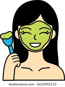 A woman is applying a green tea facial mask
