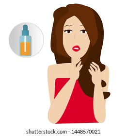 Woman applying hair oil. Beauty and health concept. Vector isolated on white background.