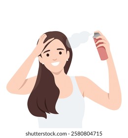 Woman Applying Hairspray. Woman with long hair is spraying hairspray onto her hair. Flat vector illustration isolated on white background