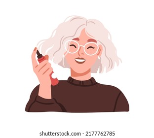 Woman Applying Hairspray On Hair. Girl Spraying Haircare Cosmetics. Treatment Using Dry Shampoo, Cosmetic Product In Bottle For Volume, Curls. Flat Vector Illustration Isolated On White Background
