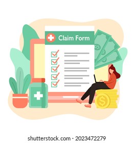 Woman applying health insurance claim form in laptop computer with medicine and money in flat design. Online medical insurance service concept.