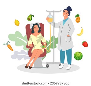 Woman applying intravenous infusion of natural fruits via dropper in clinic hospital scene. Vector illustration of young female patient at iv vitamin therapy for beauty and wellness