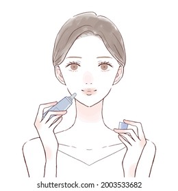 Woman applying lip balm. On a white background.