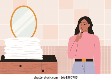 Woman applying lipstick. Woman doing makeup. Girl standing in bathroom holing lipstick. Concept of beauty, skincare, makeup. Flat vector illustration