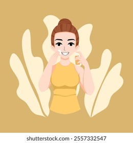 Woman applying lotion on face flat vector