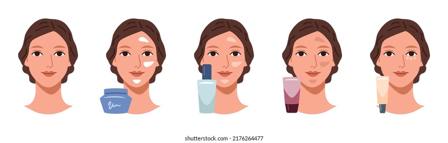 Woman applying make up, cosmetics, lotion, cream. Isolated vector, girl face. Beauty and health self-care illustration.
