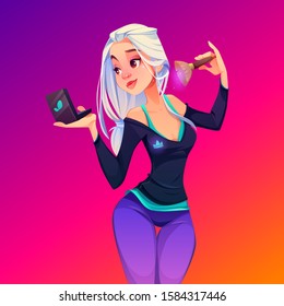 Woman applying makeup. Beautiful young blonde girl wearing sportswear with crown print looking in mirror put powder or blush on face using cosmetics brush. Beauty procedure Cartoon vector illustration