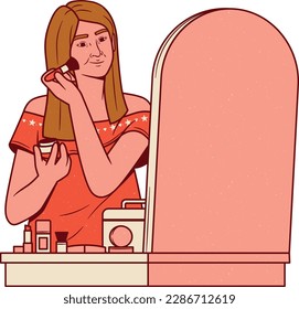 Woman applying makeup in front of the mirror. Cartoon vector illustration.
