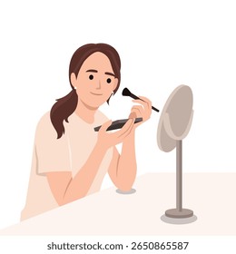 Woman Applying Makeup at Vanity Table. Flat vector illustration isolated on white background