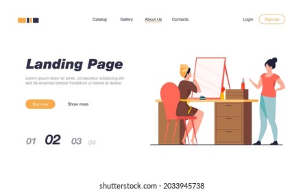 Woman applying makeup while chatting with female friends. Girls preparing for party together flat vector illustration. Friendship, beauty care concept for banner, website design or landing web page