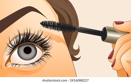 A woman is applying mascara. Beautiful makeup. Beautiful make-up of a woman's eye. Woman's eye close-up. Vector illustration. 