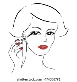 woman applying mascara. woman applying makeup. vector illustration 